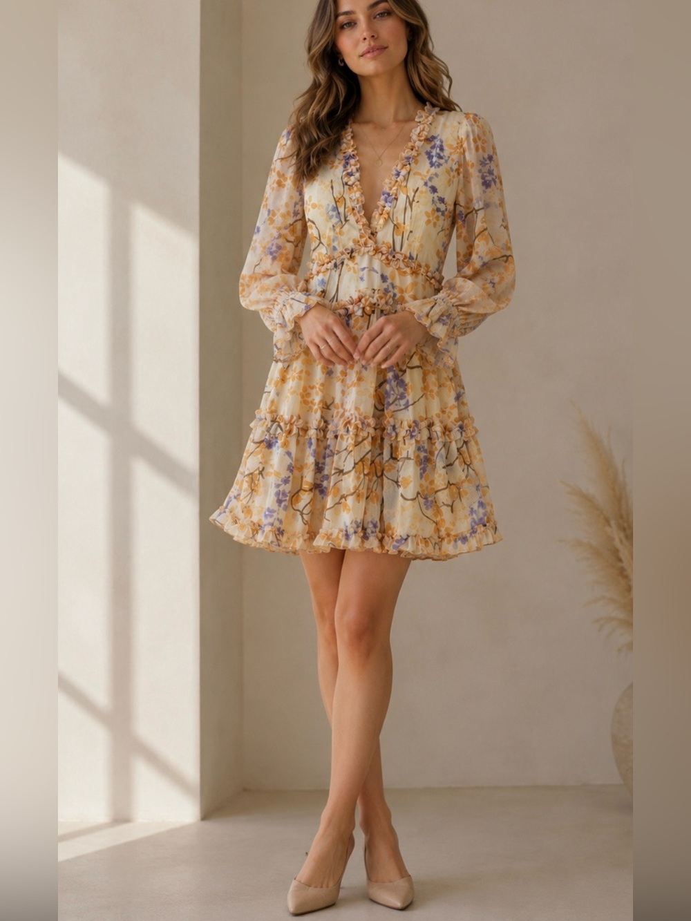 One and Only Collective Floral Ruffle Tiered Mini Dress in Cream and Mustard